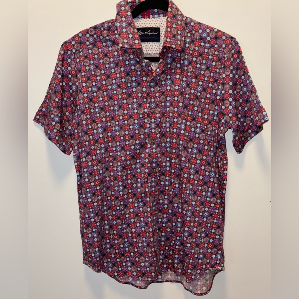Robert Graham Shirt Mens L Button Up Short Sleeve Maroon Stretch Classic Fit